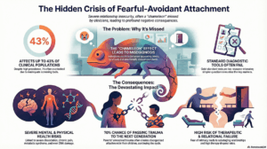 Infographic titled 'The Hidden Crisis of Fearful-Avoidant Attachment' detailing why 43% of clinical populations are misdiagnosed due to the chameleon effect.