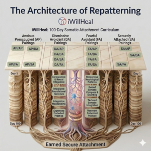 A sophisticated 3D clinical infographic titled 'The Architecture of Repatterning' by iWillHeal. It maps the 100-day somatic attachment curriculum, showing 17 pairing-specific paths (AP, DA, FA, SA) as organic root systems of neural integration descending from Day 1 to Day 100 toward Earned Secure Attachment.