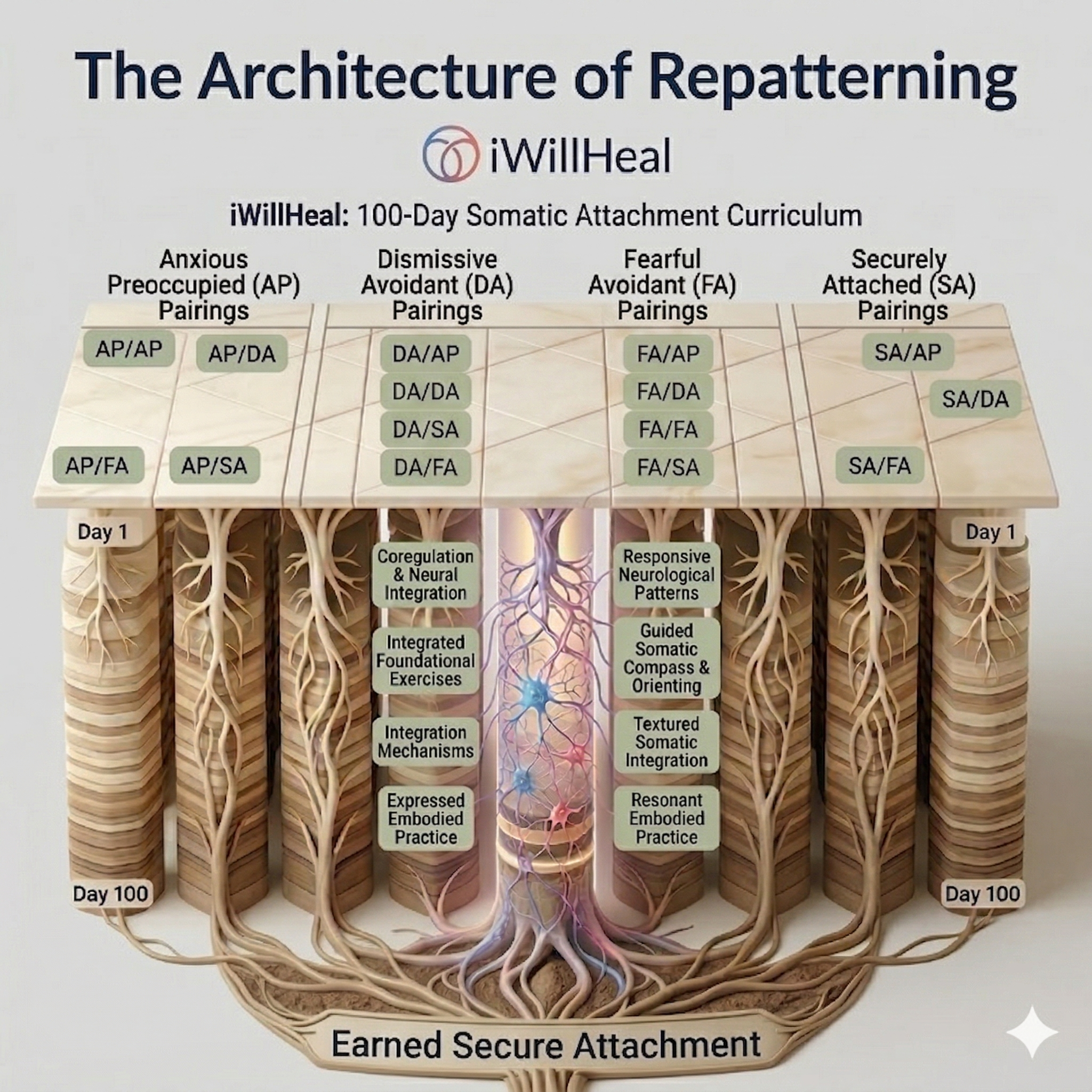 A sophisticated 3D clinical infographic titled 'The Architecture of Repatterning' by iWillHeal. It maps the 100-day somatic attachment curriculum, showing 17 pairing-specific paths (AP, DA, FA, SA) as organic root systems of neural integration descending from Day 1 to Day 100 toward Earned Secure Attachment.