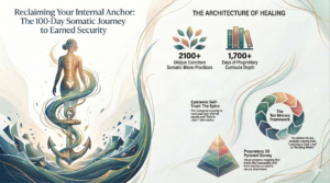 A detailed infographic defining 'THE ARCHITECTURE OF HEALING' for a '100-Day Somatic Journey' to build 'earned security'. Elements include 2100+ 'Somatic Micro-Practices', 1700+ 'Days of Curricula Depth', 'The Ten Mirrors Framework' for 10-day modules, 'Epistemic Self-Trust' (from trusting internal signals), and a 'Proprietary 3D Pyramid Survey' to track progress from 'reactive survival to secure attachment'. The image has illustrative anchors, spines, and light waves.